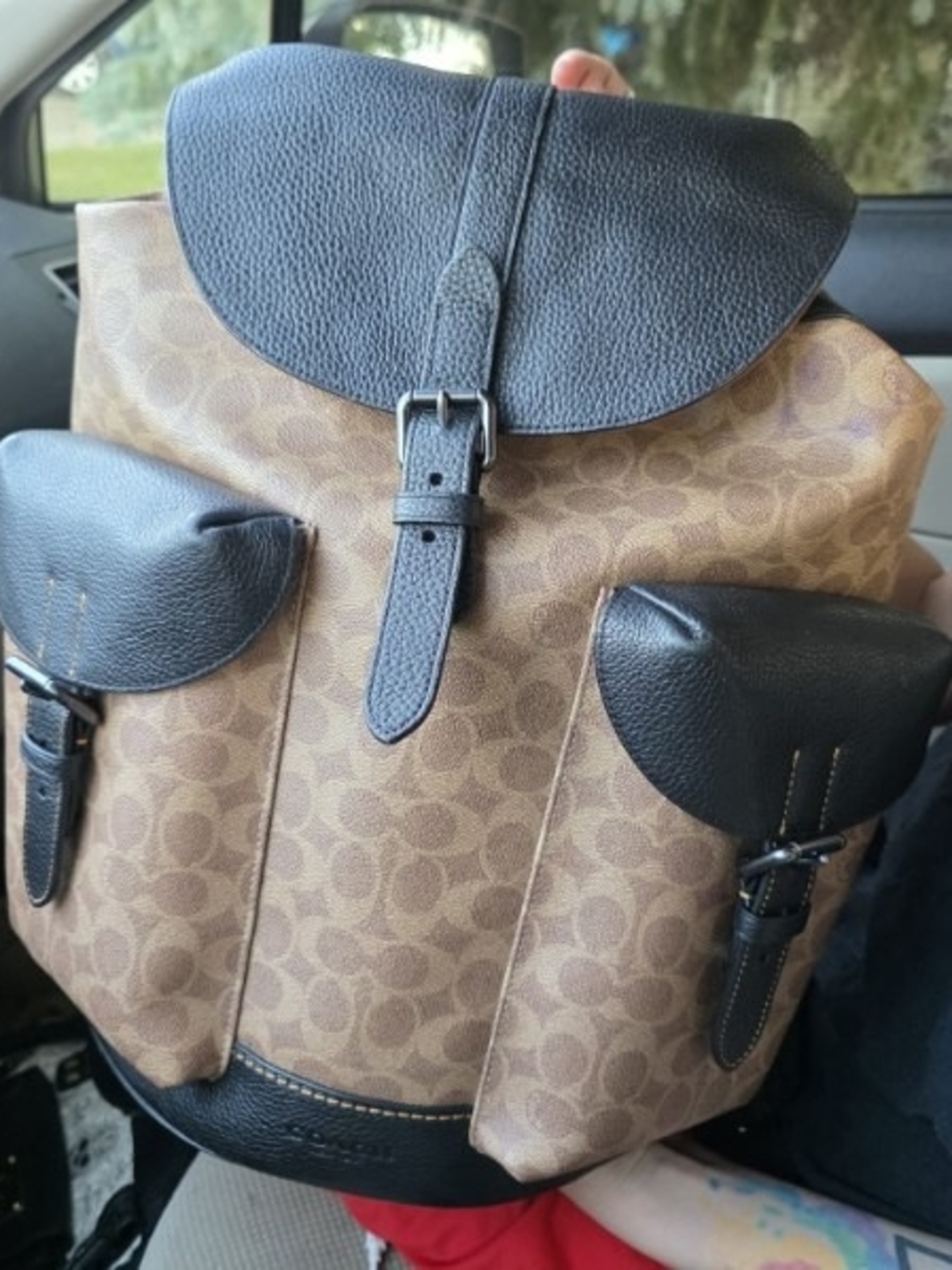 Coach Brown Signature Canvas Backpack with Black Leather Trim